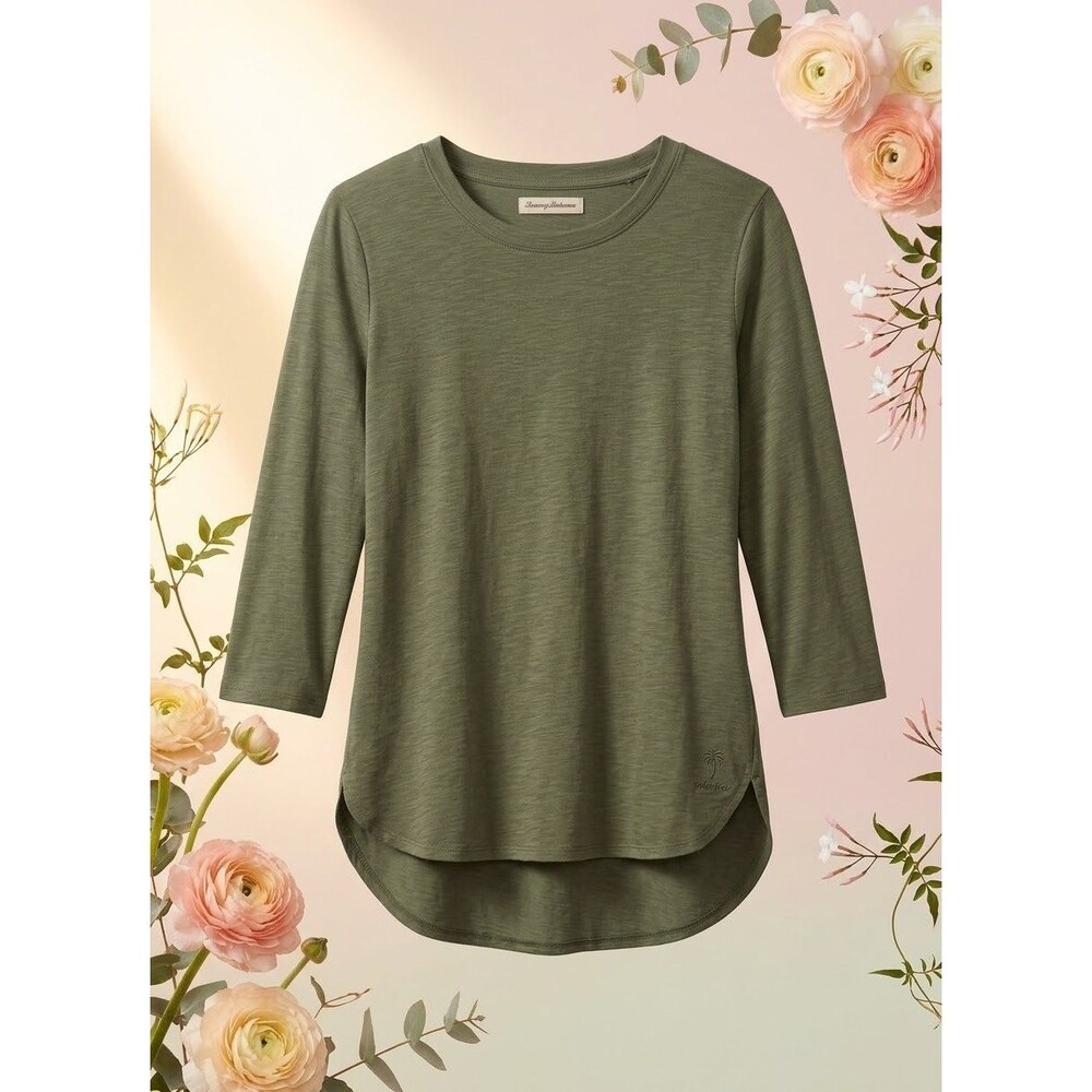 Tommy Bahama Ashby Isles 3/4 Sleeve Knit Top Tunic XL Green High Low Casual